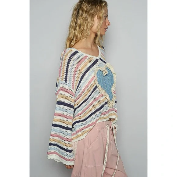 POL Striped Open Knit Hoodie Sweater V Neck Heart Patch Pullover - Picture 2 of 5